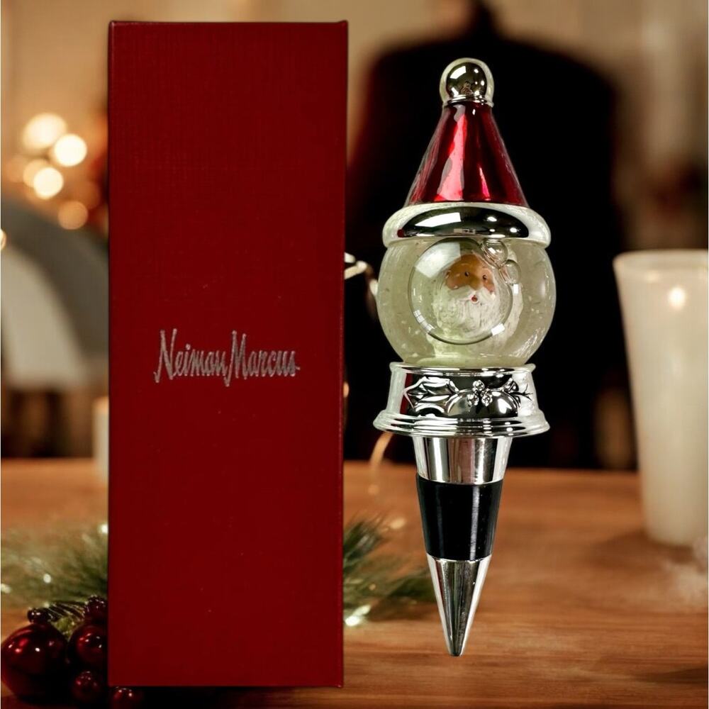 Neiman Marcus Santa Claus Snow Globe Heavy Glass Wine Bottle Stopper Christmas